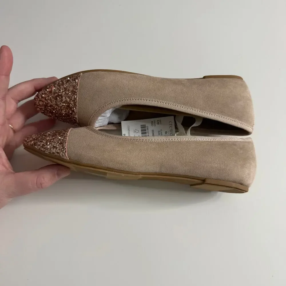 NWT J. CREW Crewcuts Girls' Glitter Cap Toe Ballet Flats Tan Gold 4
